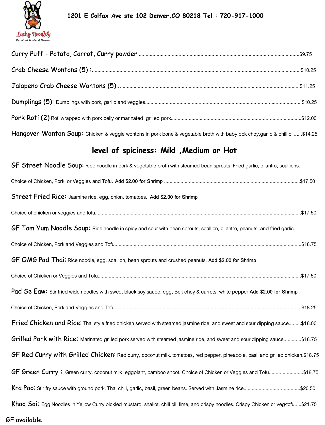 Menu Lucky Noodles Denver